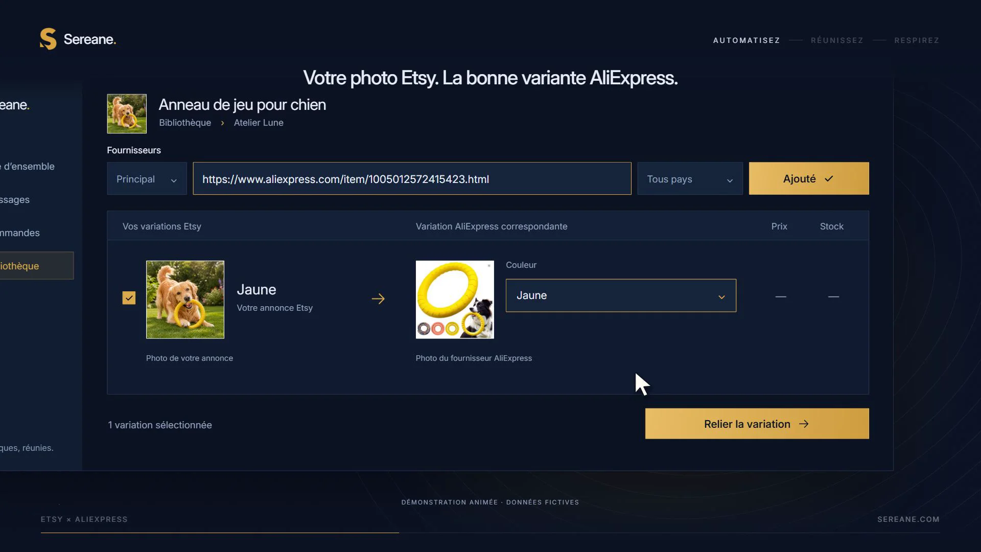 La liaison entre un produit Etsy et son fournisseur AliExpress dans Sereane